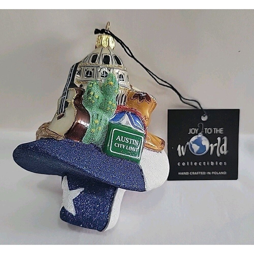 Joy to the World Austin Texas City Limit Glass Christmas Ornament Poland Glitter
